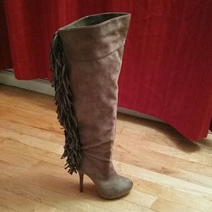 Brown suede fringe heels boots. Size 6.